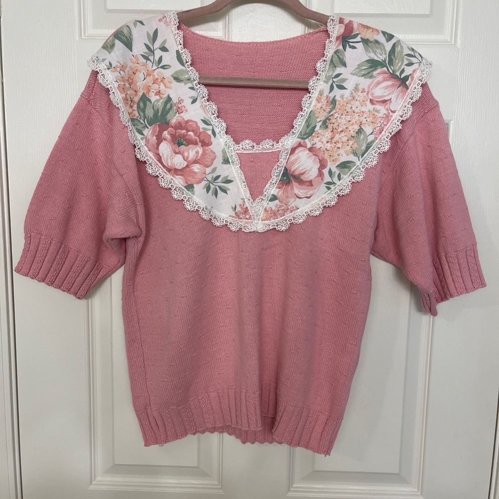 Vintage Matthew & David Floral Granny Laced Pink 3/4 Sleeve Sweater Size M